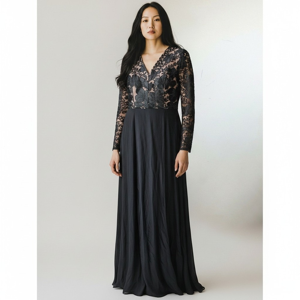 Baltic Born Soieblu Black Floral Embroidered Lace V-Neck Maxi Dress NWT L M21094